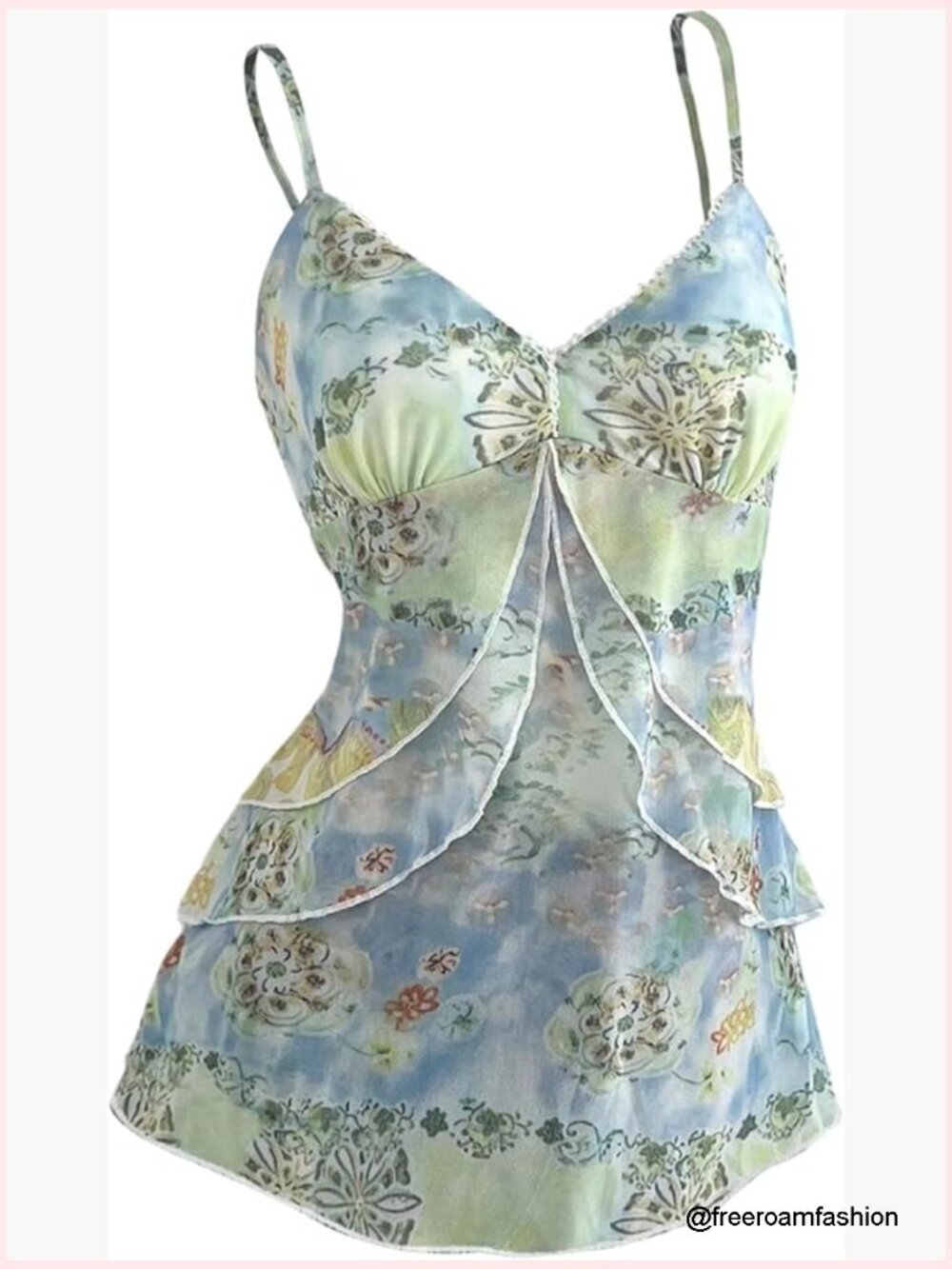 Y2K Floral Mesh Camisole Tank Top with Ruffle Trim